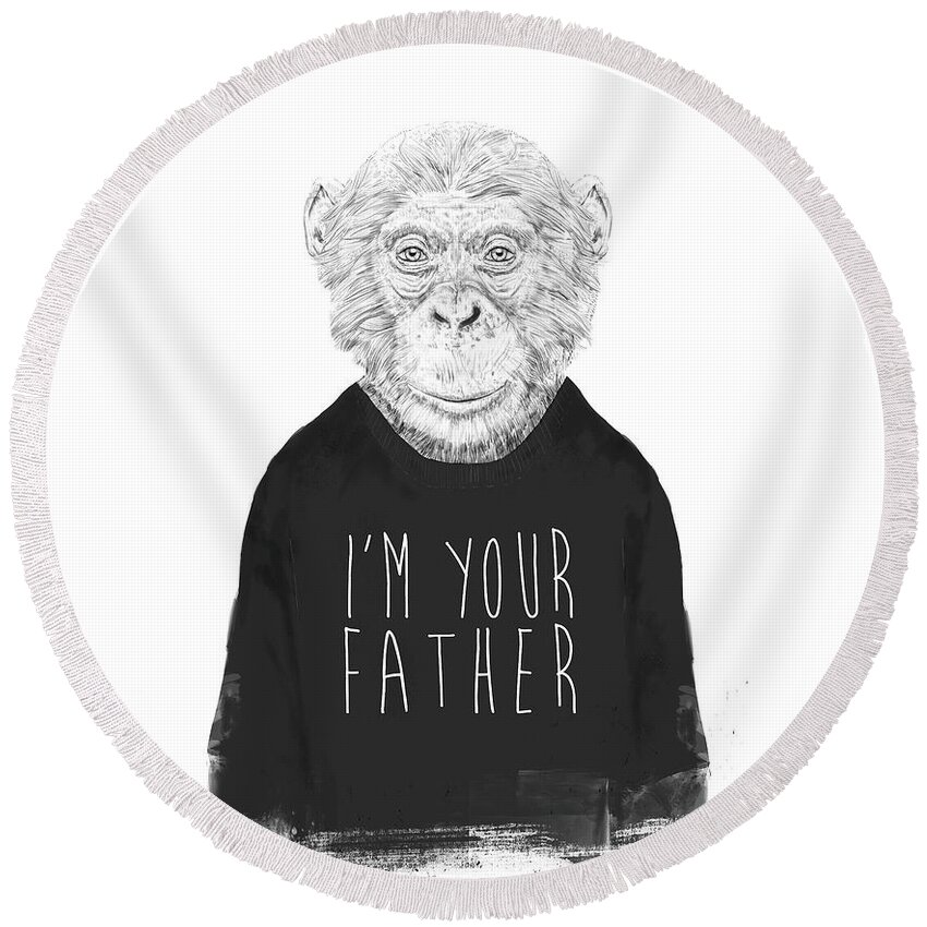 Monkey Round Beach Towel featuring the mixed media I'm your father by Balazs Solti