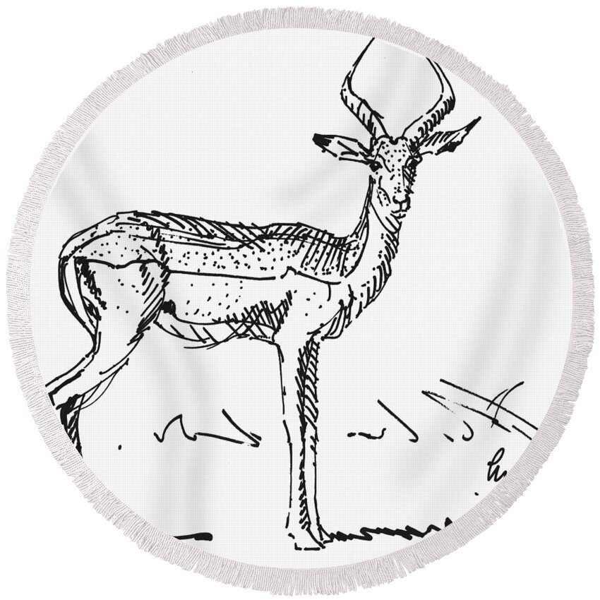 Impala Round Beach Towel featuring the drawing Impala antelope drawing side view by Mike Jory