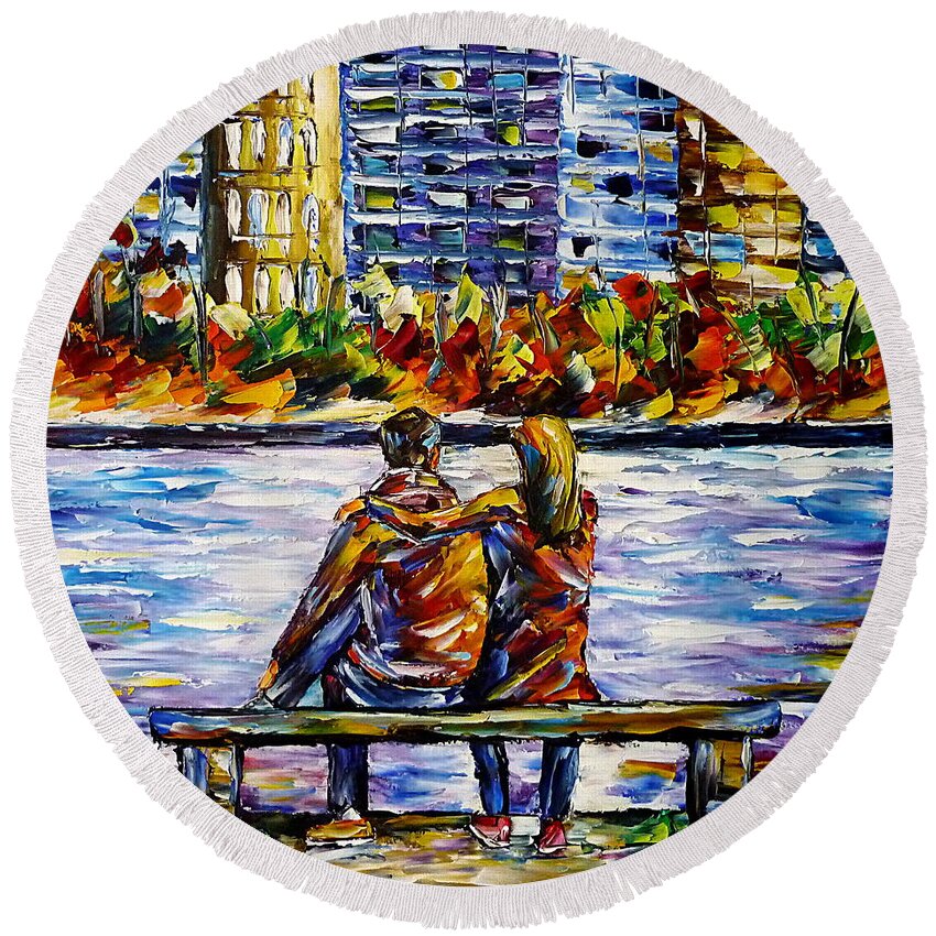 People In Autumn Round Beach Towel featuring the painting In Front Of Big City by Mirek Kuzniar
