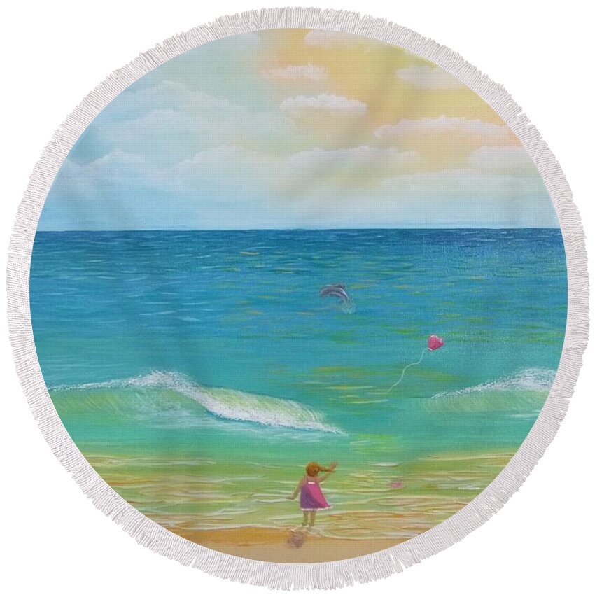 Ocean Round Beach Towel featuring the painting In Love with the Sea by Jenn C Lindquist