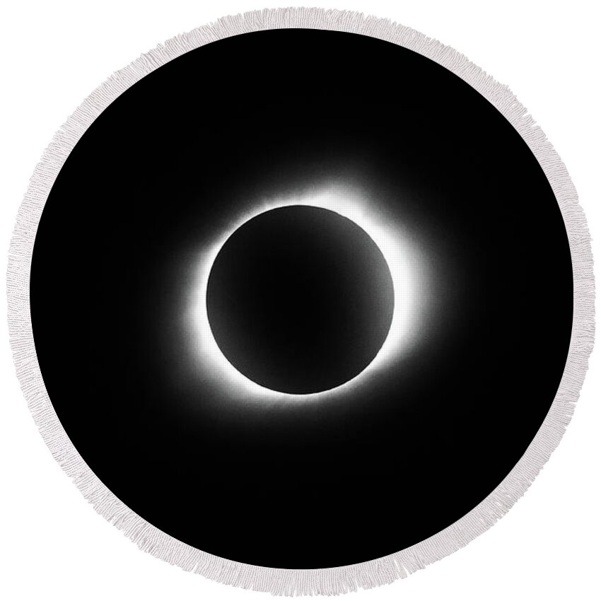 America Round Beach Towel featuring the photograph In The Path of Totality - Total Solar Eclipse 8.21.2017 - Black and White by Gregory Ballos