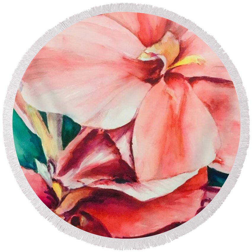 Canna Lily Round Beach Towel featuring the painting In the Pink by Sonia Mocnik