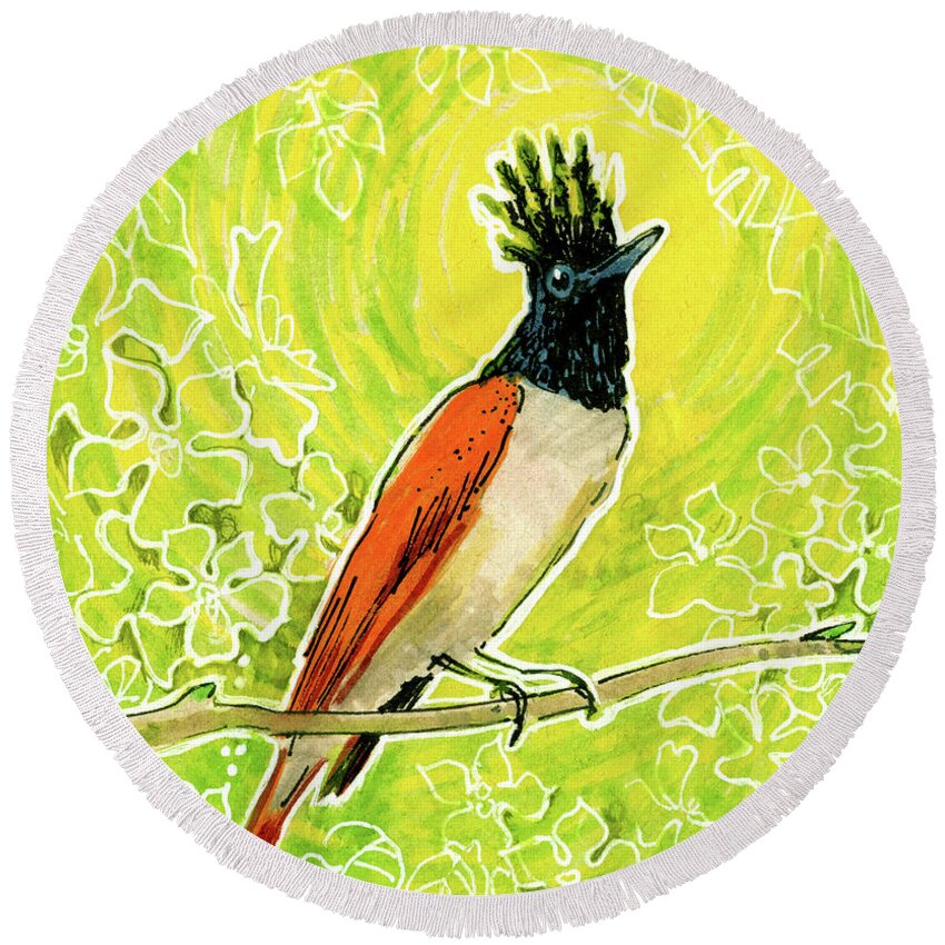 Nature Round Beach Towel featuring the mixed media Indian Paradise Flycatcher Tropical Bird by Julia Khoroshikh