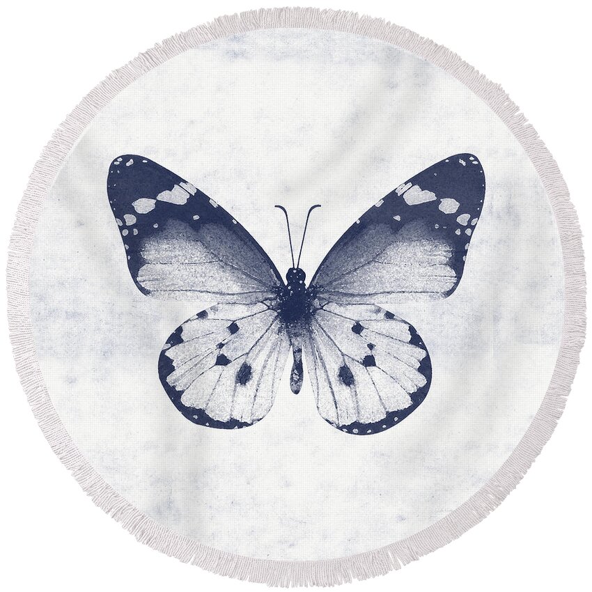 Butterfly White Blue Indigo Skeleton Butterfly Wings Modern Bohemianinsect Bug Garden Nature Organichome Decorairbnb Decorliving Room Artbedroom Artcorporate Artset Designgallery Wallart By Linda Woodsart For Interior Designersgreeting Cardpillowtotehospitality Arthotel Artart Licensing Round Beach Towel featuring the mixed media Indigo and White Butterfly 1- Art by Linda Woods by Linda Woods