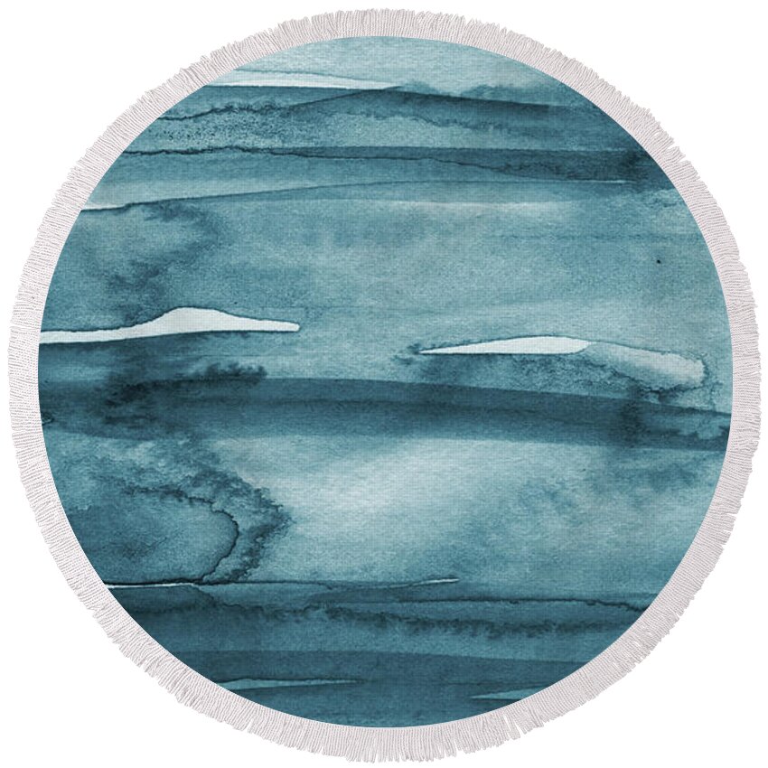 Coastal Round Beach Towel featuring the painting Indigo Water- abstract painting by Linda Woods