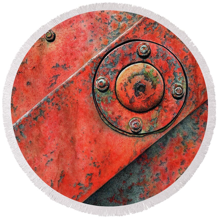 Industrial Round Beach Towel featuring the painting Industrial Red by Julie Senf