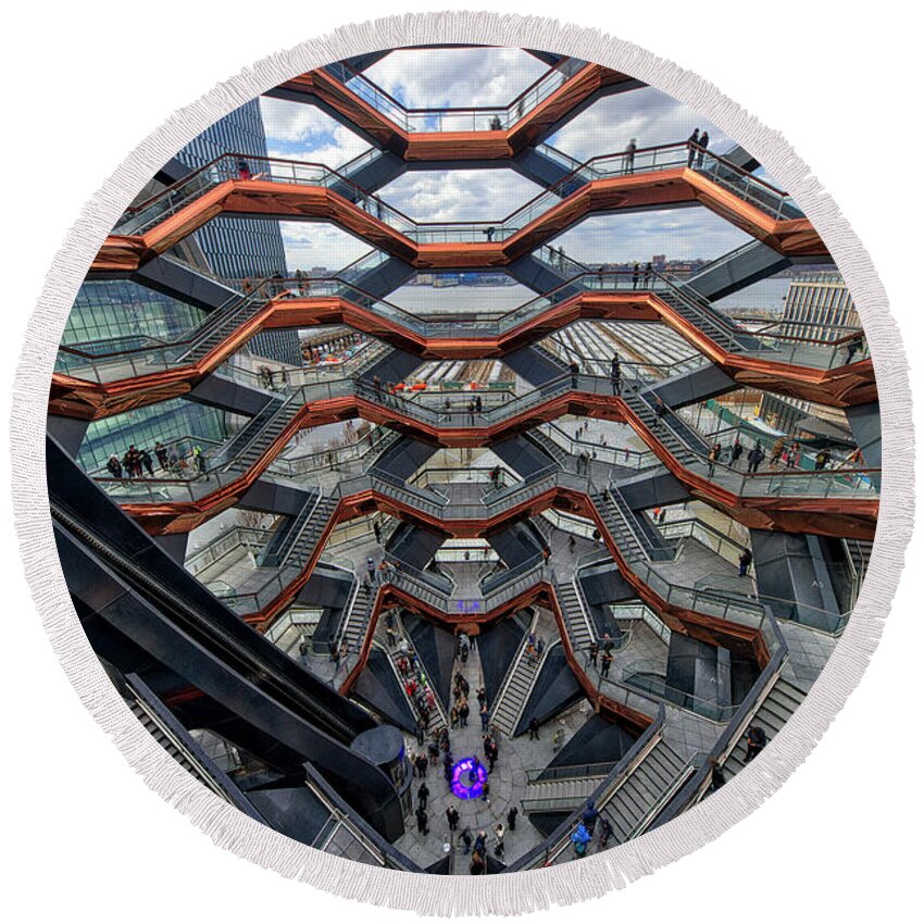 Hudson Yards Round Beach Towel featuring the photograph Inside the Hudson Yards Vessel NYC by Susan Candelario