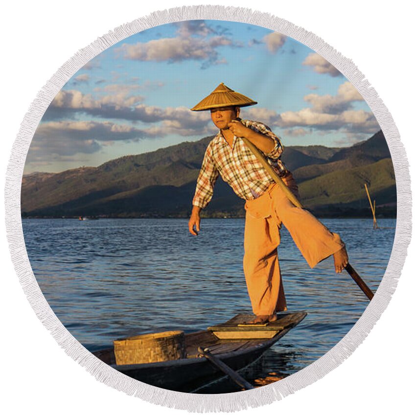 Fisherman Round Beach Towel featuring the photograph Intha fisherman on Lake Inle in Myanmar by Ann Moore