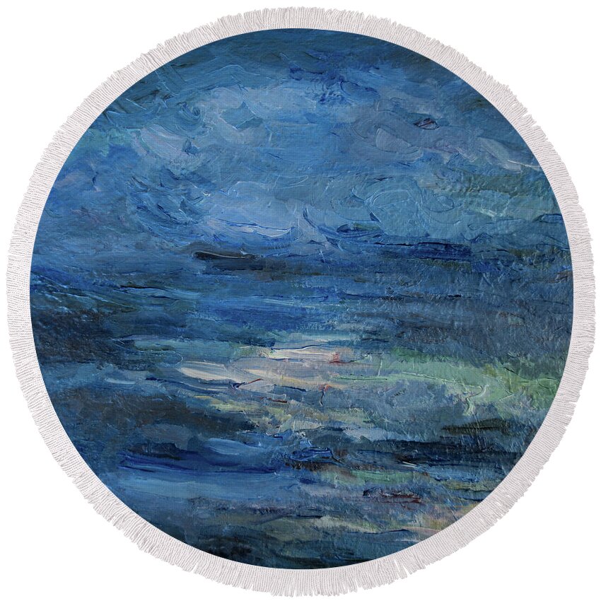 Abstract Round Beach Towel featuring the painting Into the Blues by Mary Wolf