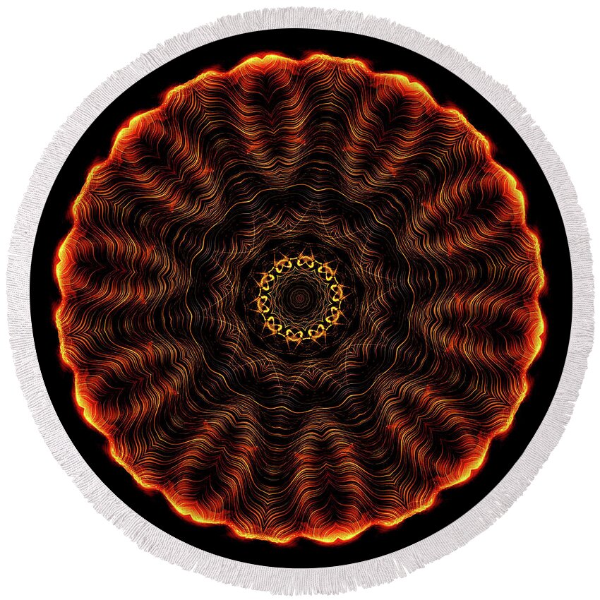3 Dimensional Round Beach Towel featuring the digital art Intricate 2 orange, red and yellow mandala kaleidoscope by Amy Cicconi