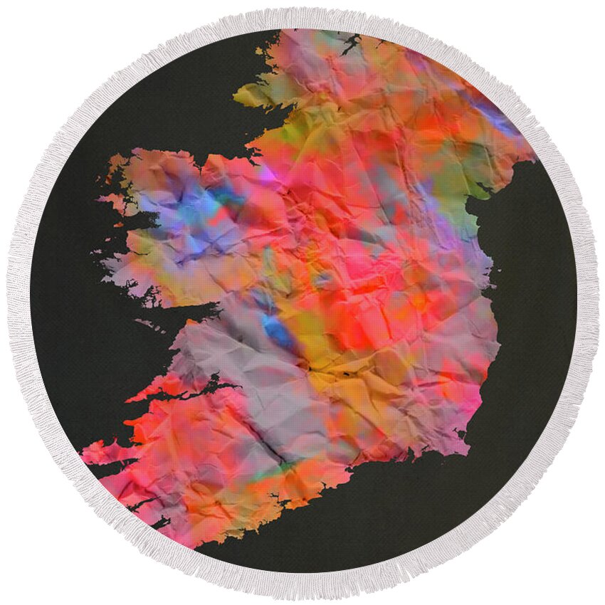 Ireland Round Beach Towel featuring the mixed media Ireland Tie Dye Country Map by Design Turnpike