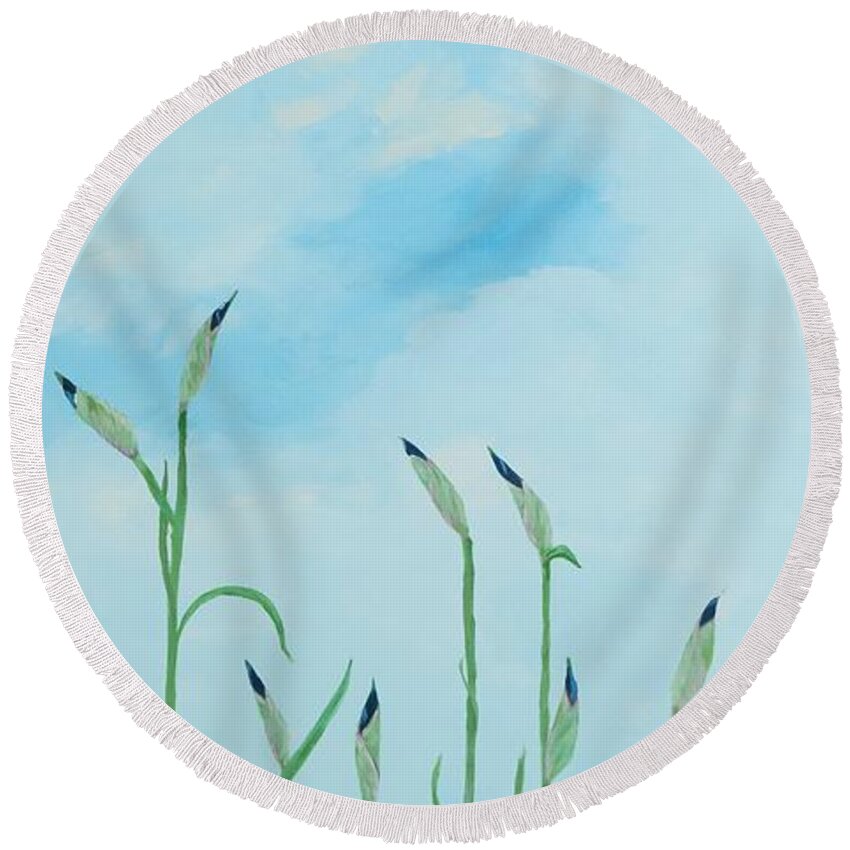 Garden Round Beach Towel featuring the painting Iris Sky by Deborah Smith
