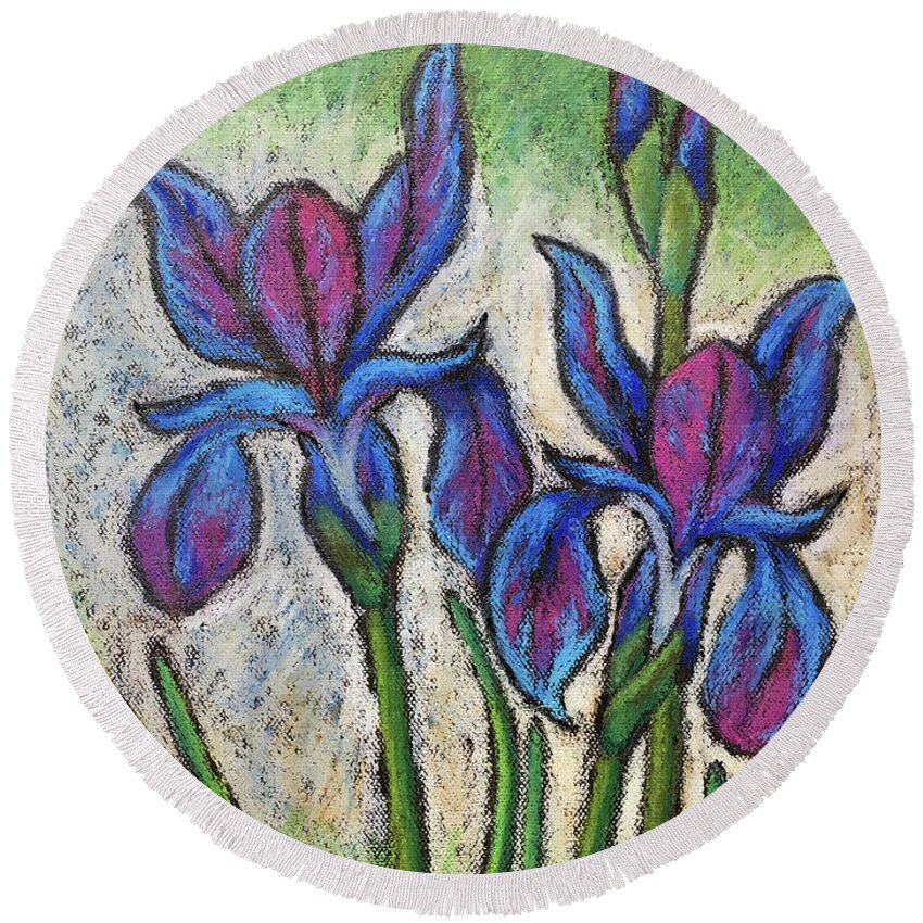Iris Round Beach Towel featuring the painting Irises in Bloom by Karla Beatty