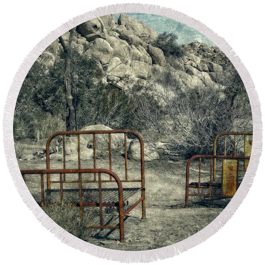 Iron Beds Round Beach Towel featuring the photograph Iron Beds by Sandra Selle Rodriguez