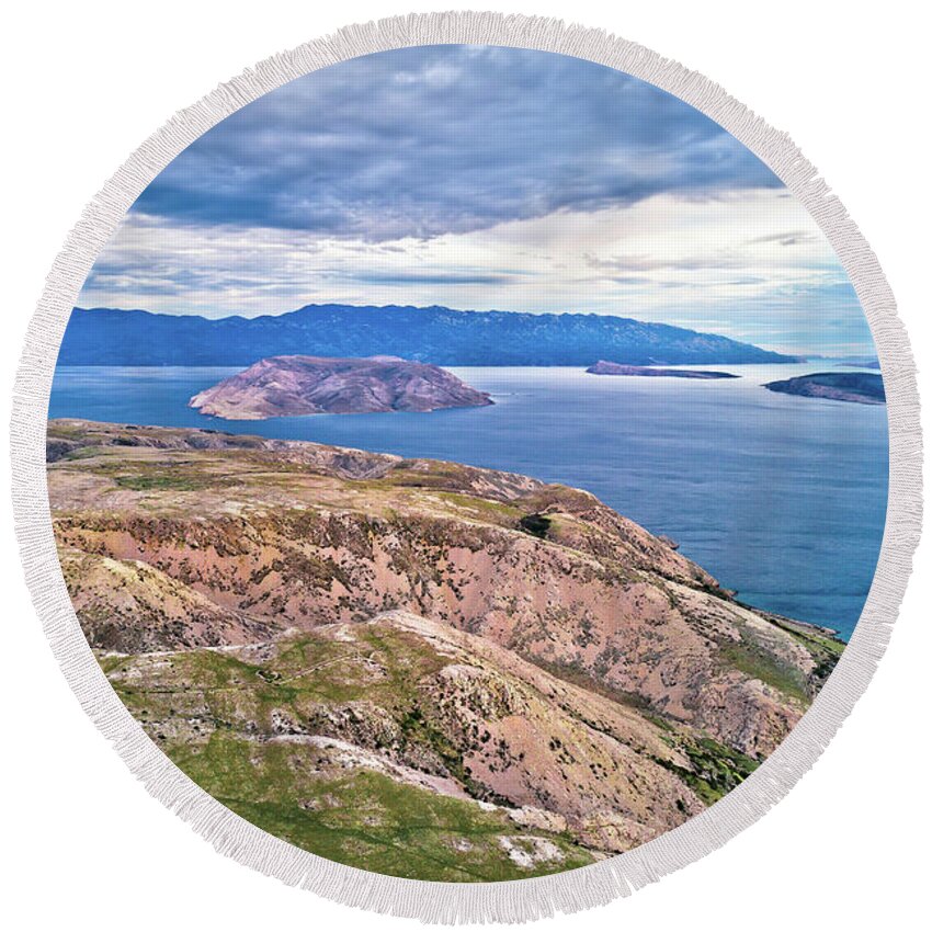 Baska Round Beach Towel featuring the photograph Island of Krk stone desert and Prvic island aerial view, layers by Brch Photography