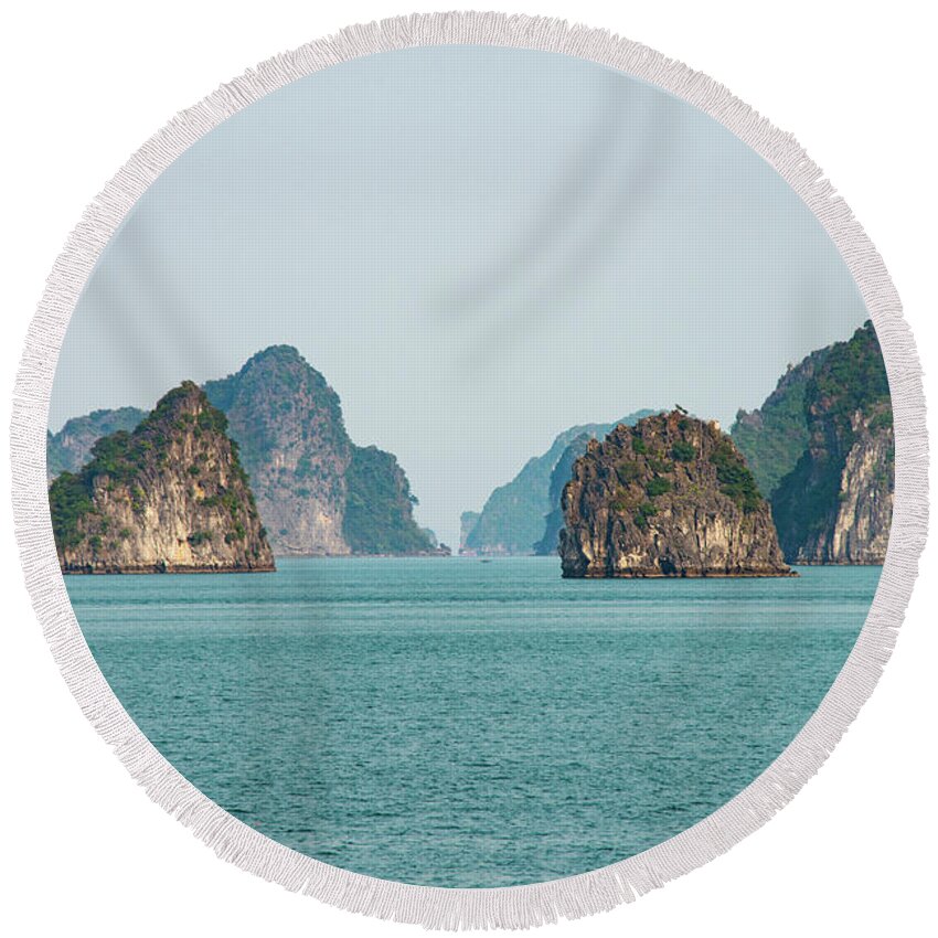 Halong Bay Round Beach Towel featuring the photograph Islands in Halong Bay Six by Bob Phillips