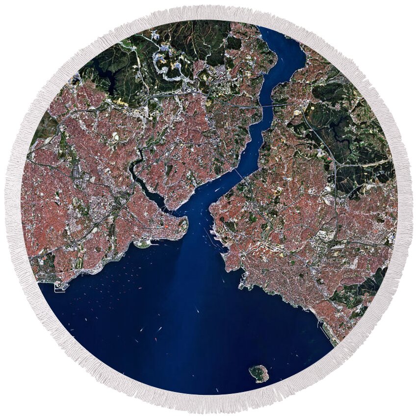Satellite Image Round Beach Towel featuring the digital art Istanbul from space by Christian Pauschert