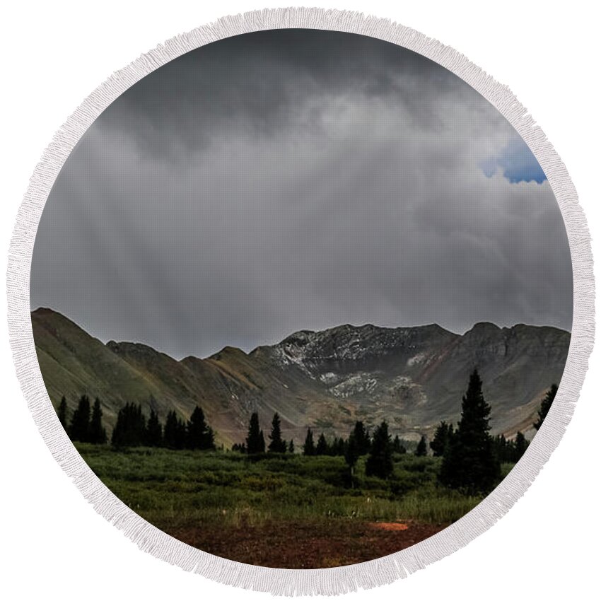 Cloudy Round Beach Towel featuring the photograph Lewis Mountain by Dennis Dempsie