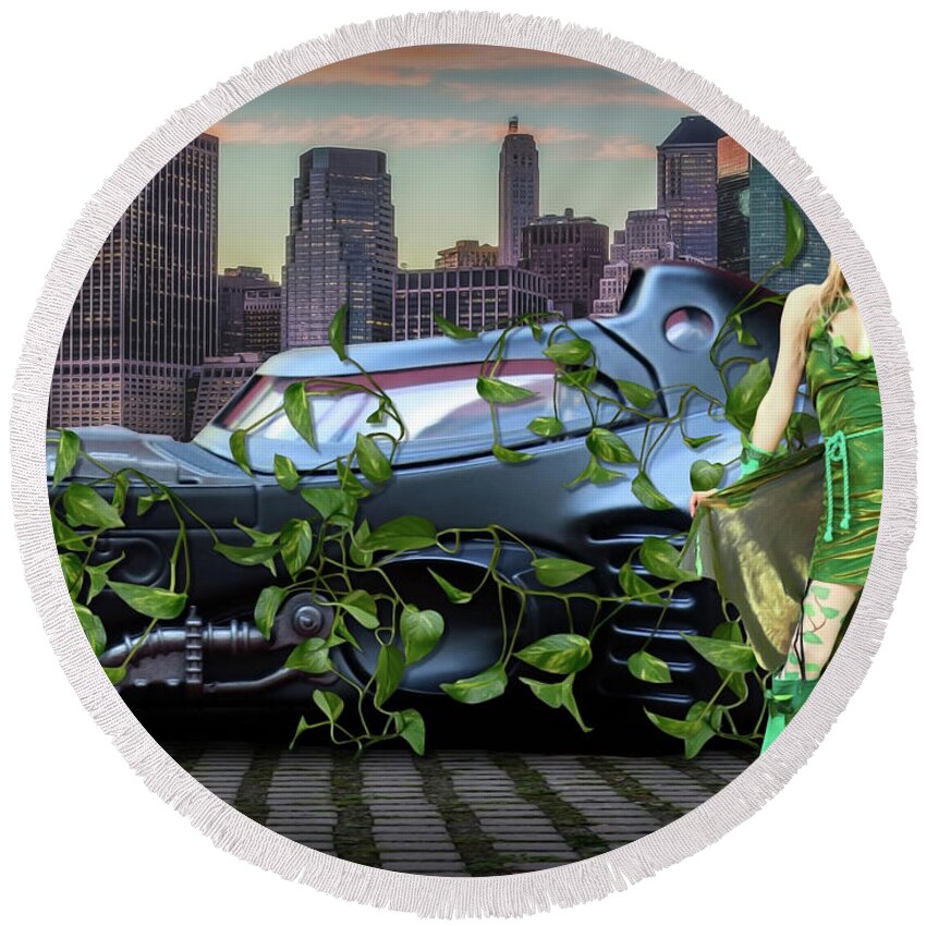 Cosplay Round Beach Towel featuring the photograph Ivy Held Batmobile by Jon Volden