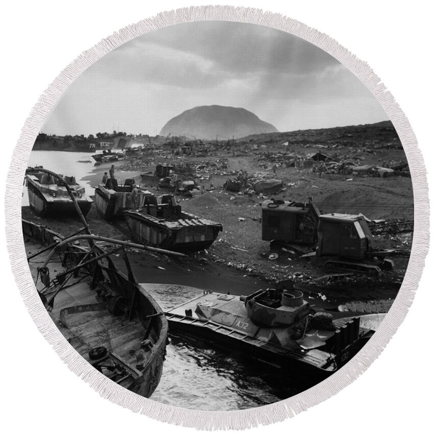 Iwo Jima Round Beach Towel featuring the photograph Iwo Jima Beach Destruction by War Is Hell Store