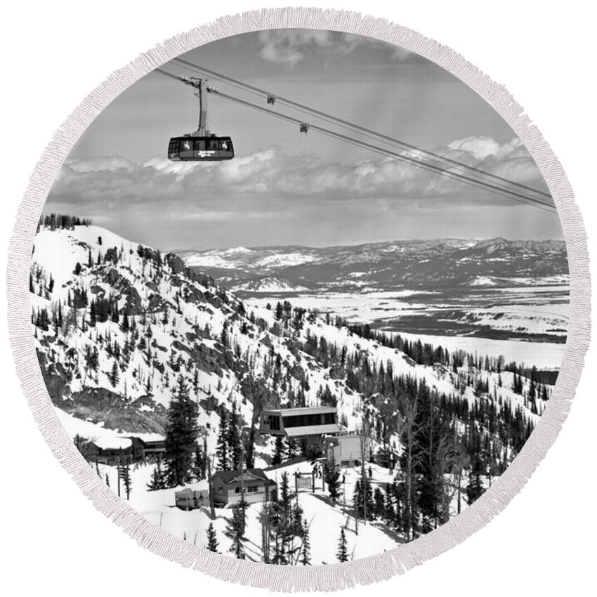 Jackson Hole Round Beach Towel featuring the photograph Jackson Hole Big Red Tram In The Tetons Black And White by Adam Jewell