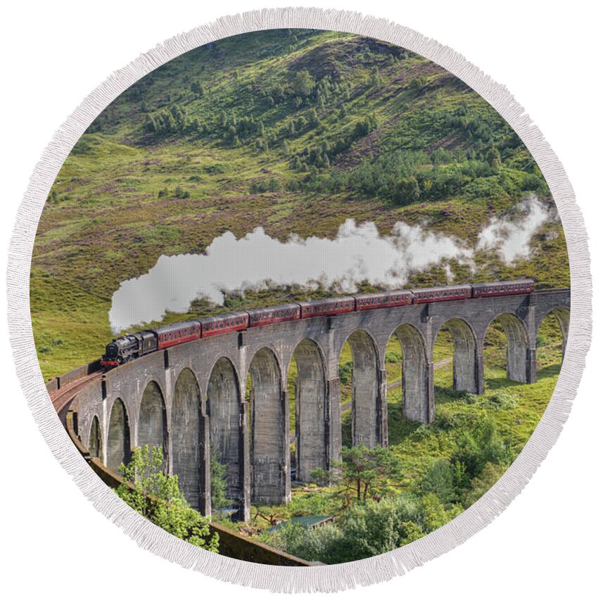 Jacobite Steam Train Round Beach Towel featuring the photograph Jacobite Steam Train Glenfinnan Viaduct by Alba Photography