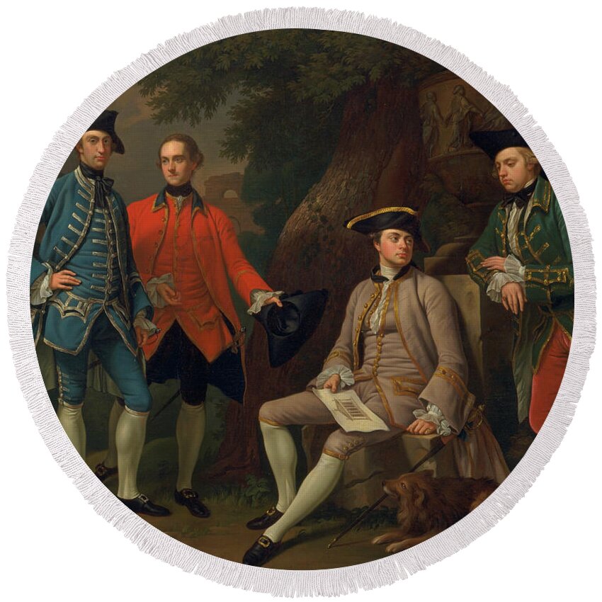 18th Century Art Round Beach Towel featuring the painting James Grant of Grant, John Mytton, the Hon. Thomas Robinson, and Thomas Wynne by Nathaniel Dance-Holland