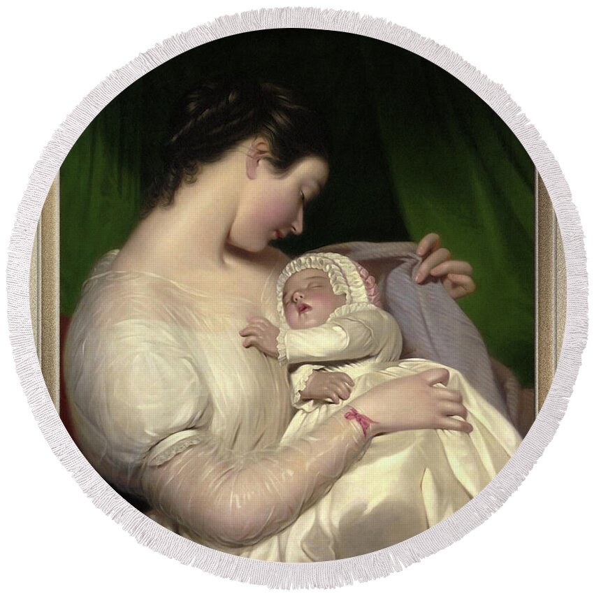 Elizabeth Sant Round Beach Towel featuring the painting James Sant's Wife Elizabeth With Their Daughter Mary Edith by James Sant by Rolando Burbon