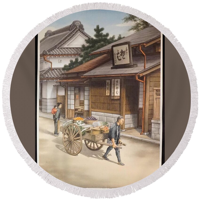 Nature Round Beach Towel featuring the painting Japanese Woodblock Print Vivid Colors Signed H. Saito Street Scene Man Cart by Celestial Images