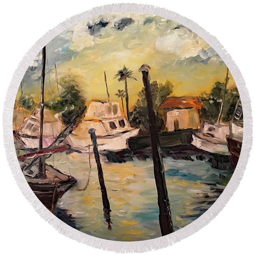 Harbor Round Beach Towel featuring the painting Jeannes Harbor by Roxy Rich