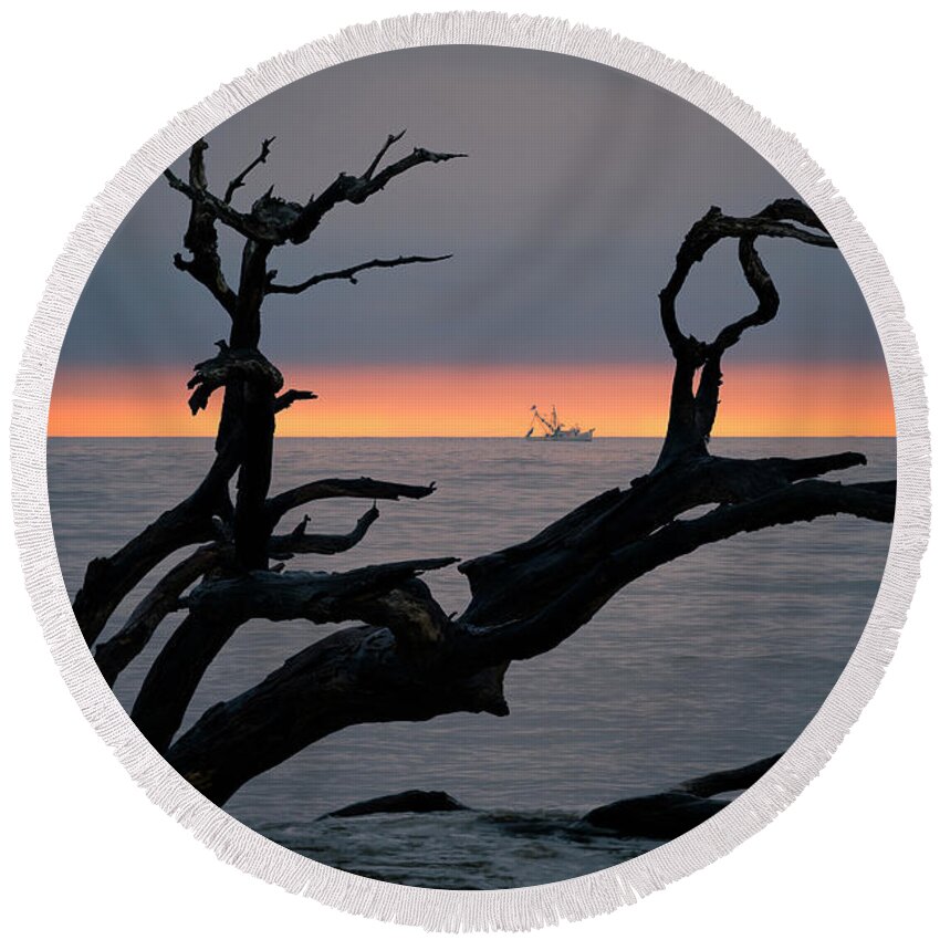 Driftwood Beach Round Beach Towel featuring the photograph Jekyll Island Sunrise by James Covello