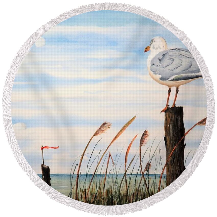 Seagull Round Beach Towel featuring the painting Jersey Gull by Joseph Burger