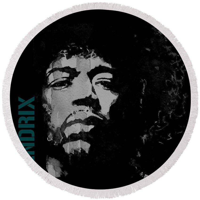 Jimi Hendrix Round Beach Towel featuring the mixed media Jimi Hendrix - Retro Black by Paul Lovering