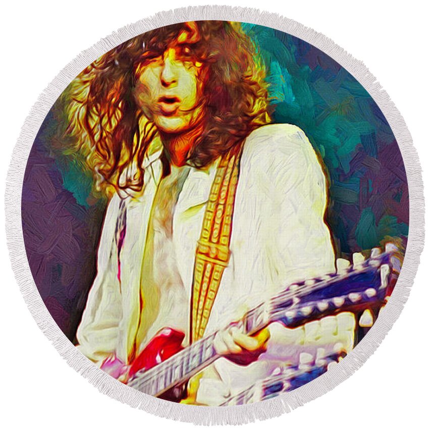 Jimmy Page Round Beach Towel featuring the mixed media Jimmy Page by Mal Bray