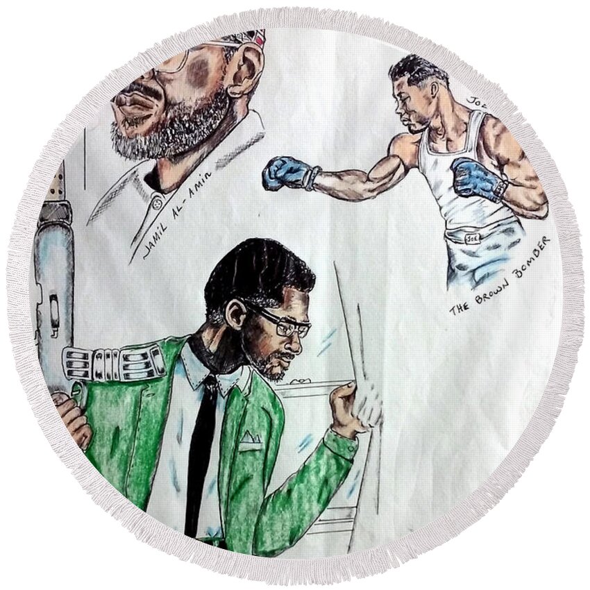 Black Art Round Beach Towel featuring the drawing Joe, Brown, and Malcolm by Joedee