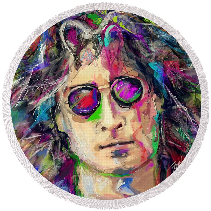 Impressionistic Round Beach Towel featuring the mixed media John Lennon Dreamer... by Mark Tonelli