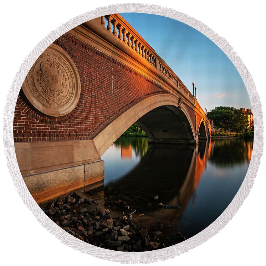 Cambridge Round Beach Towel featuring the photograph John Weeks Bridge Sunset Reflection Charles River Cambridge MA Harvard Square by Toby McGuire