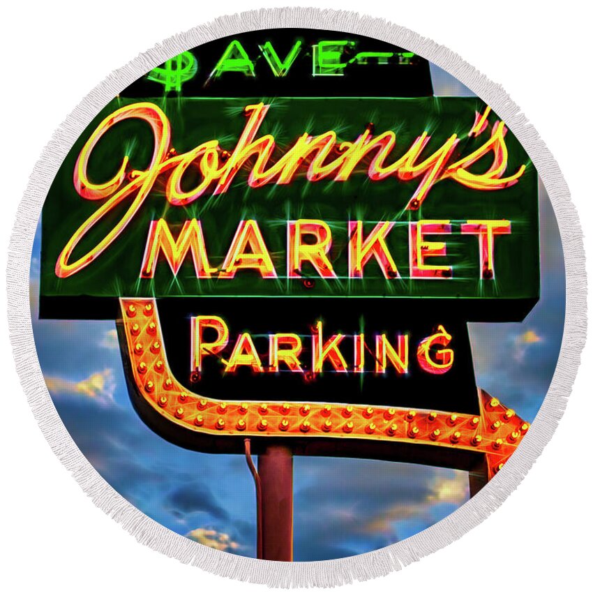 Americana Round Beach Towel featuring the photograph Johnny's Market Neon Sign by Robert FERD Frank