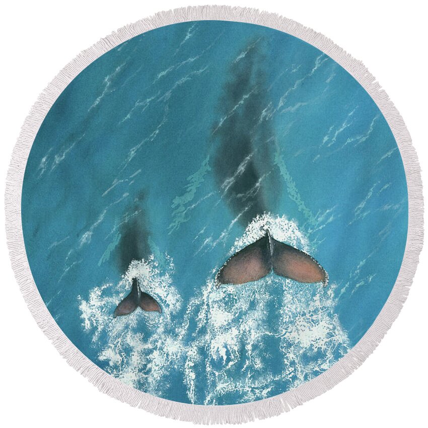 Whale Round Beach Towel featuring the painting Journey of Love by Julie Senf