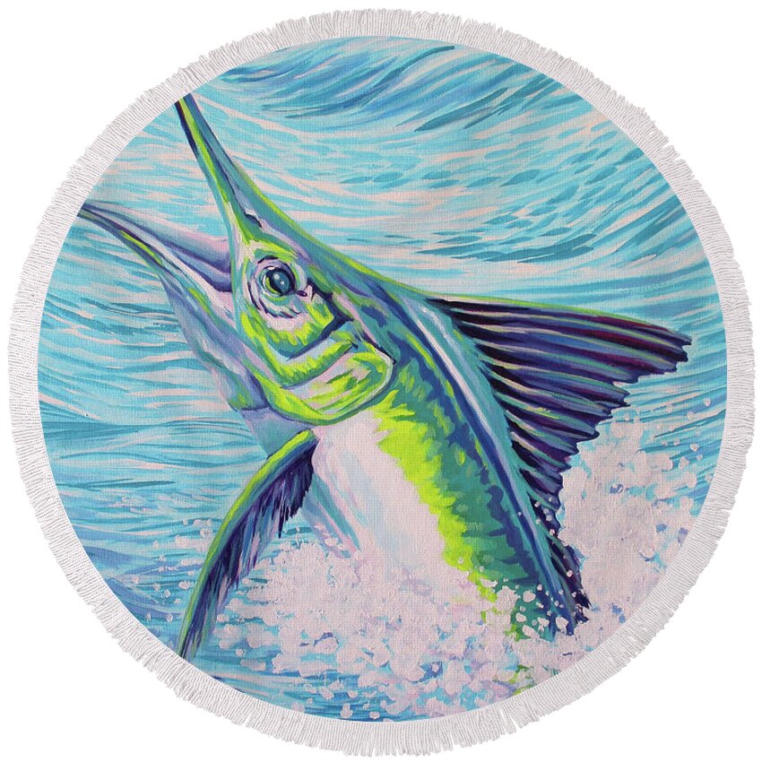 Marlin Round Beach Towel featuring the painting Jumping Marlin by Tish Wynne