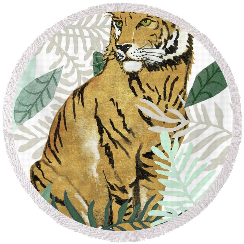 Jungle Round Beach Towel featuring the mixed media Jungle Tiger II by Elizabeth Medley