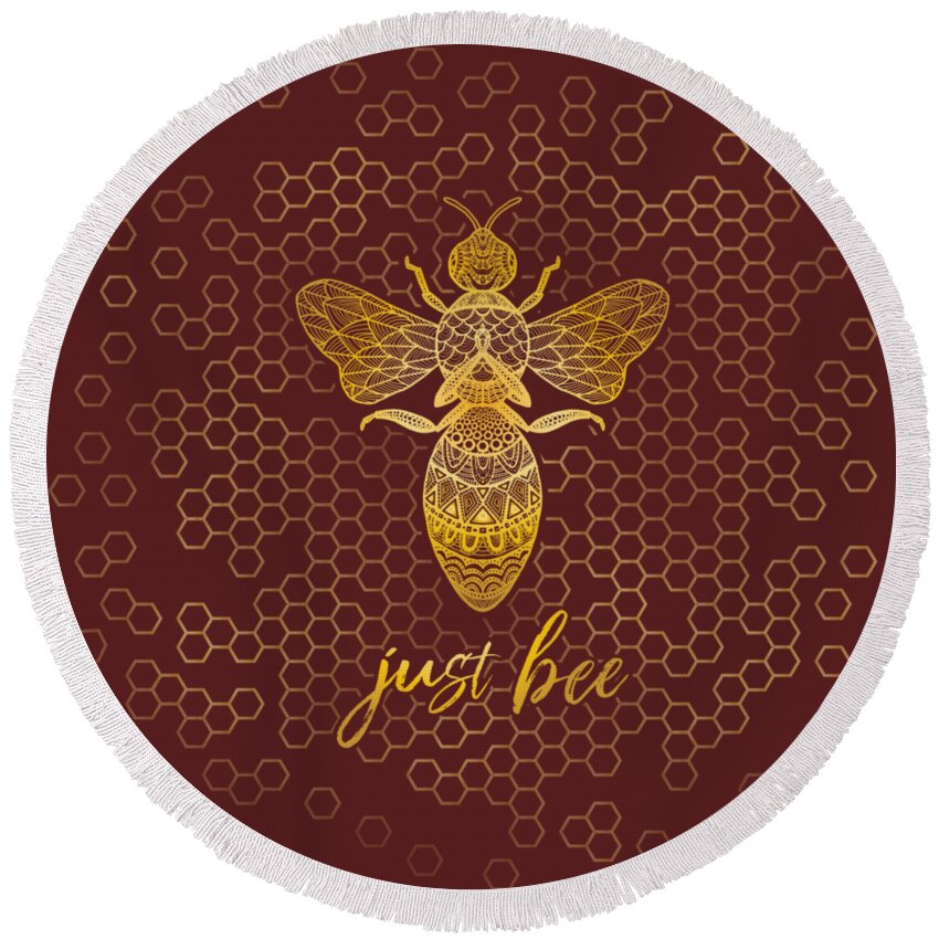 Just Bee Round Beach Towel featuring the digital art Just Bee - Geometric Zen Bee Meditating over Honeycomb Hive by Laura Ostrowski