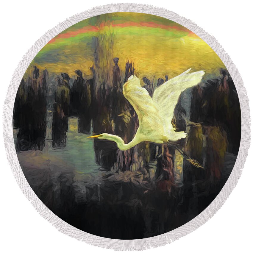 Egret Round Beach Towel featuring the photograph Just Passing Through by Don Schiffner