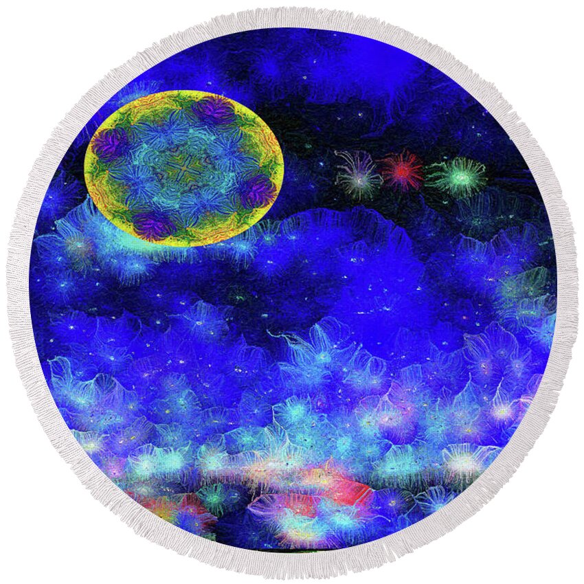 Moon Round Beach Towel featuring the mixed media Kaleidoscope Moon for Children Gone Too Soon Number 1 - Ascension by Aberjhani