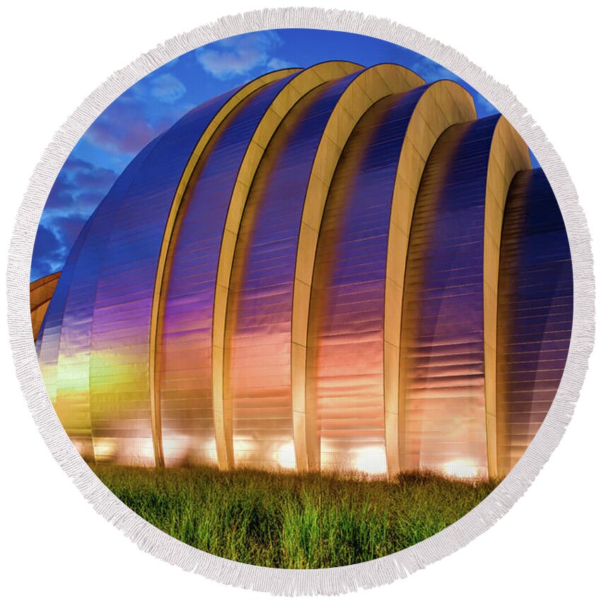 America Round Beach Towel featuring the photograph Kansas City Kauffman Center at Dawn by Gregory Ballos