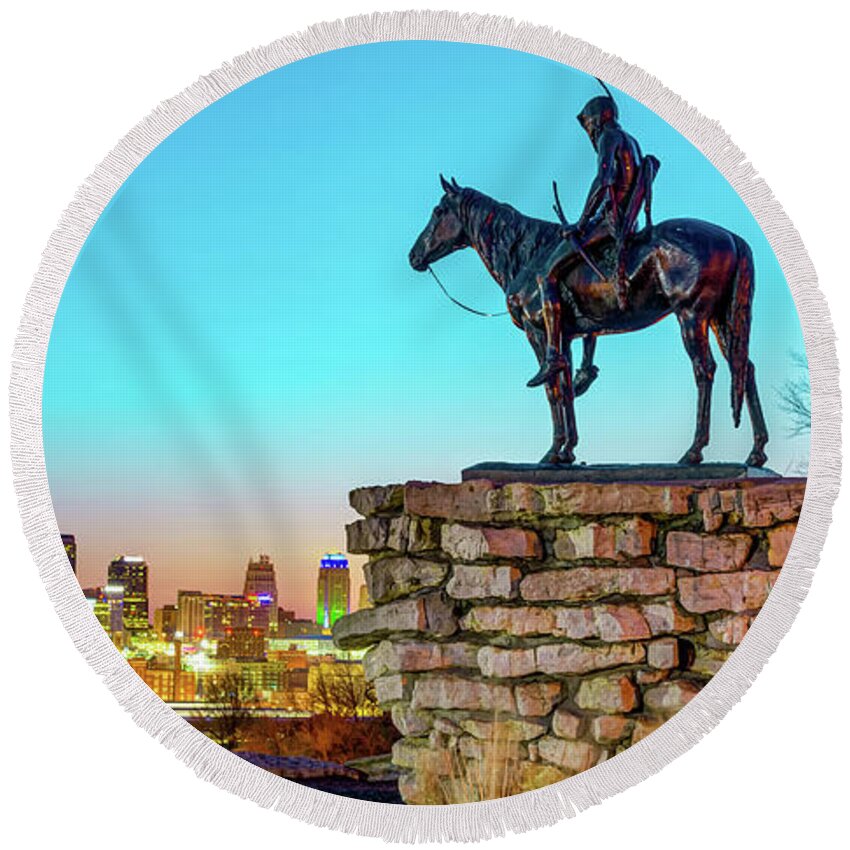 America Round Beach Towel featuring the photograph Kansas City Scout and Skyline Panorama by Gregory Ballos