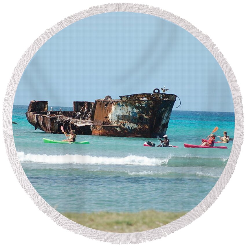 Kayaking Round Beach Towel featuring the photograph Kayaking Around An Aruba Shipwreck by Dennis Schmidt