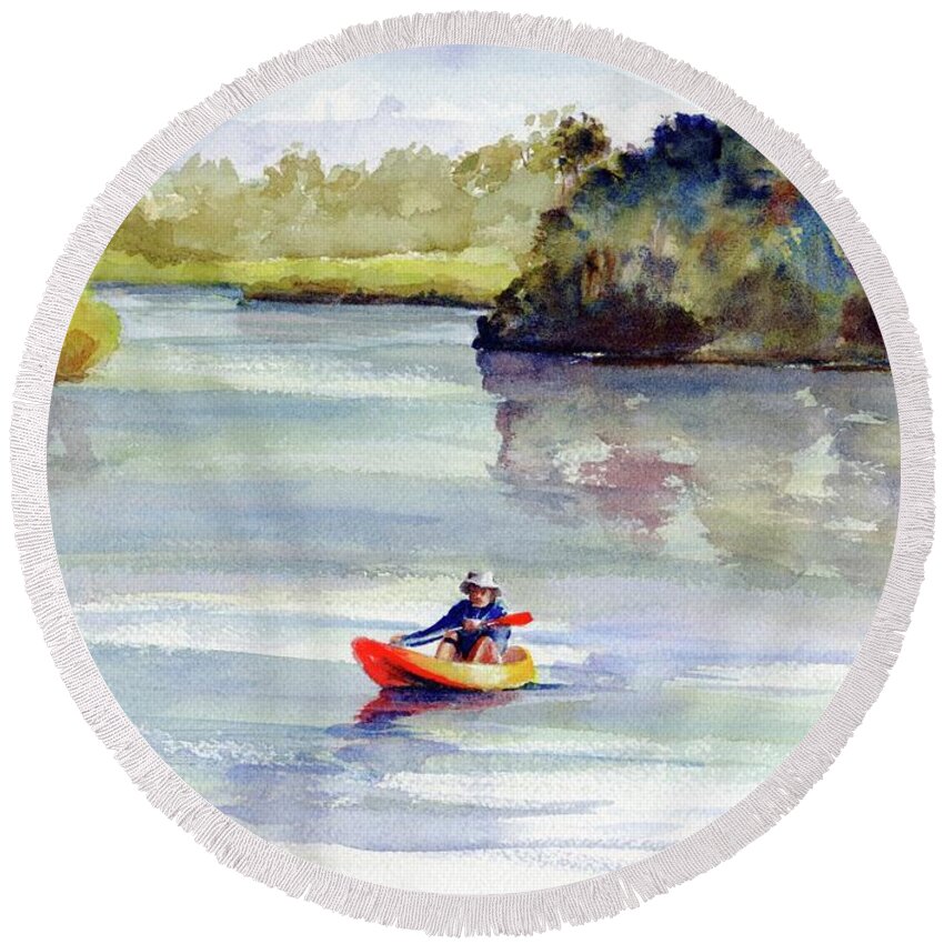 Kayaking Round Beach Towel featuring the painting Kayaking the Noosa River by Chris Hobel
