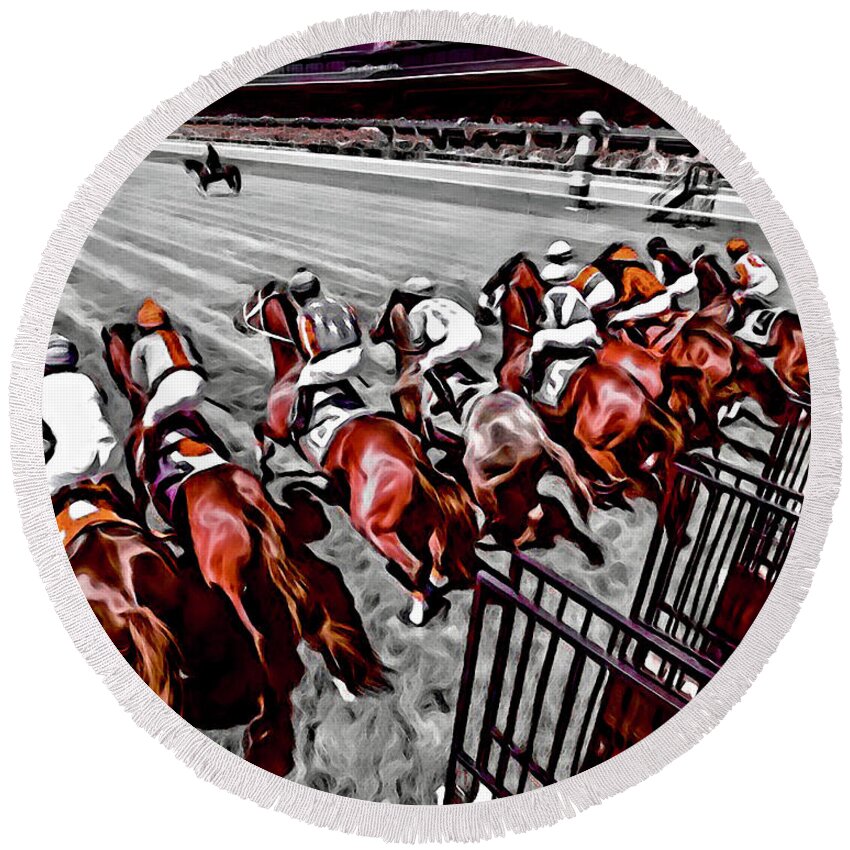 Keeneland Round Beach Towel featuring the digital art Keeneland Out Of The Gate by CAC Graphics