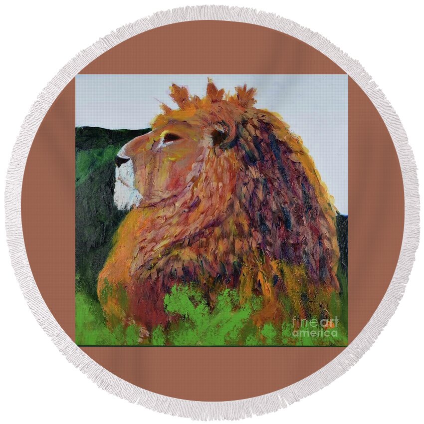 Lion Lions Male Lion African Lion Male African Lion Wildlife African Wildlife Nature Animal Animals Feline Big Cat Wild Naturalist Painting Outdoors Mammals Mammal Felines Bilodeau Round Beach Towel featuring the painting King of Hearts by Donald J Ryker III